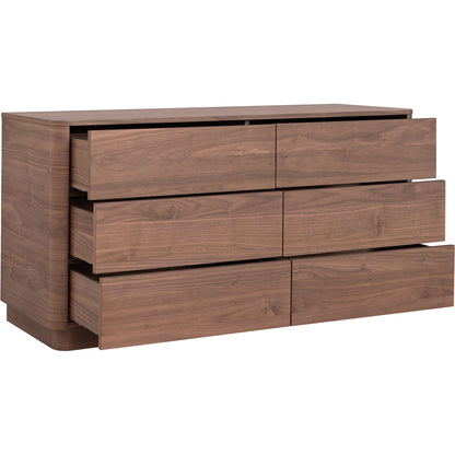 Round Off Dresser by Moe's Home Collection in natural walnut. Made from walnut veneer, mdf, rubberwood base in a transitional style.