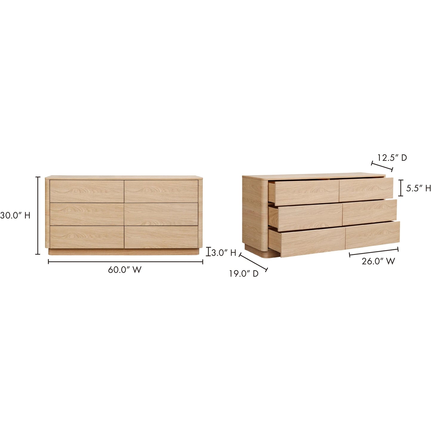 006 SI-1771822 | Lifestyle | Round Off Dresser Oak by Moe's Home Collection in brown. Made from walnut, oak veneer, mdf in a transitional style.