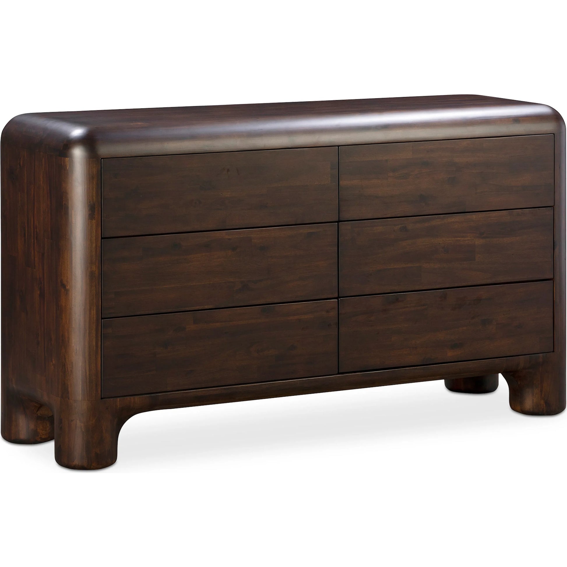 Rowan 6 Drawer Dresser by Moe's Home Collection in walnut. Made from solid acacia, acacia veneer over mdf back, drawer frame in a traditional style.