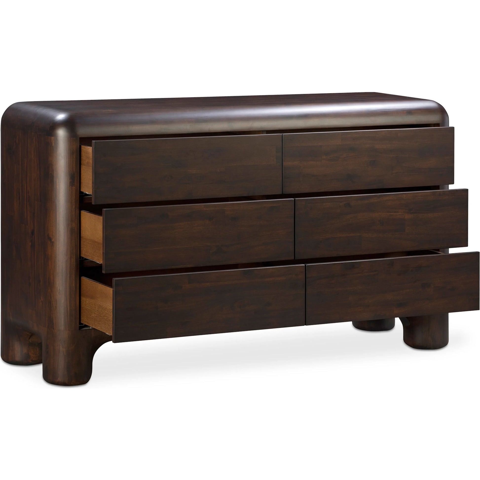 Rowan 6 Drawer Dresser by Moe's Home Collection in walnut. Made from solid acacia, acacia veneer over mdf back, drawer frame in a traditional style.