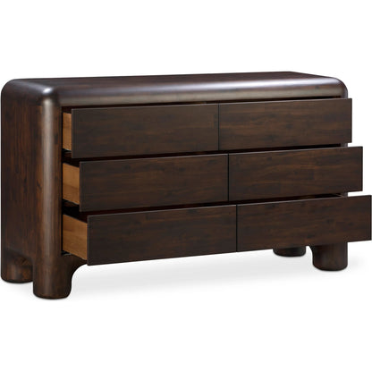 Rowan 6 Drawer Dresser by Moe's Home Collection in walnut. Made from solid acacia, acacia veneer over mdf back, drawer frame in a traditional style.