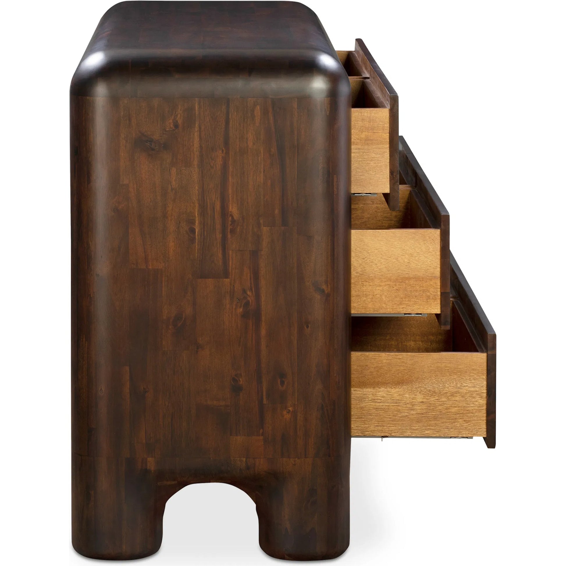 Rowan 6 Drawer Dresser by Moe's Home Collection in walnut. Made from solid acacia, acacia veneer over mdf back, drawer frame in a traditional style.