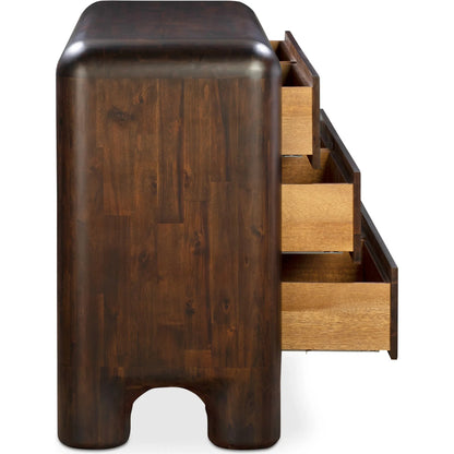 Rowan 6 Drawer Dresser by Moe's Home Collection in walnut. Made from solid acacia, acacia veneer over mdf back, drawer frame in a traditional style.