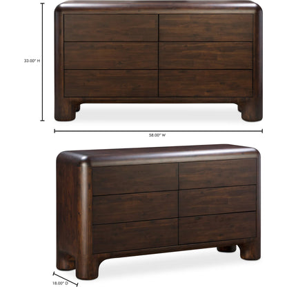 Rowan 6 Drawer Dresser by Moe's Home Collection in walnut. Made from solid acacia, acacia veneer over mdf back, drawer frame in a traditional style.
