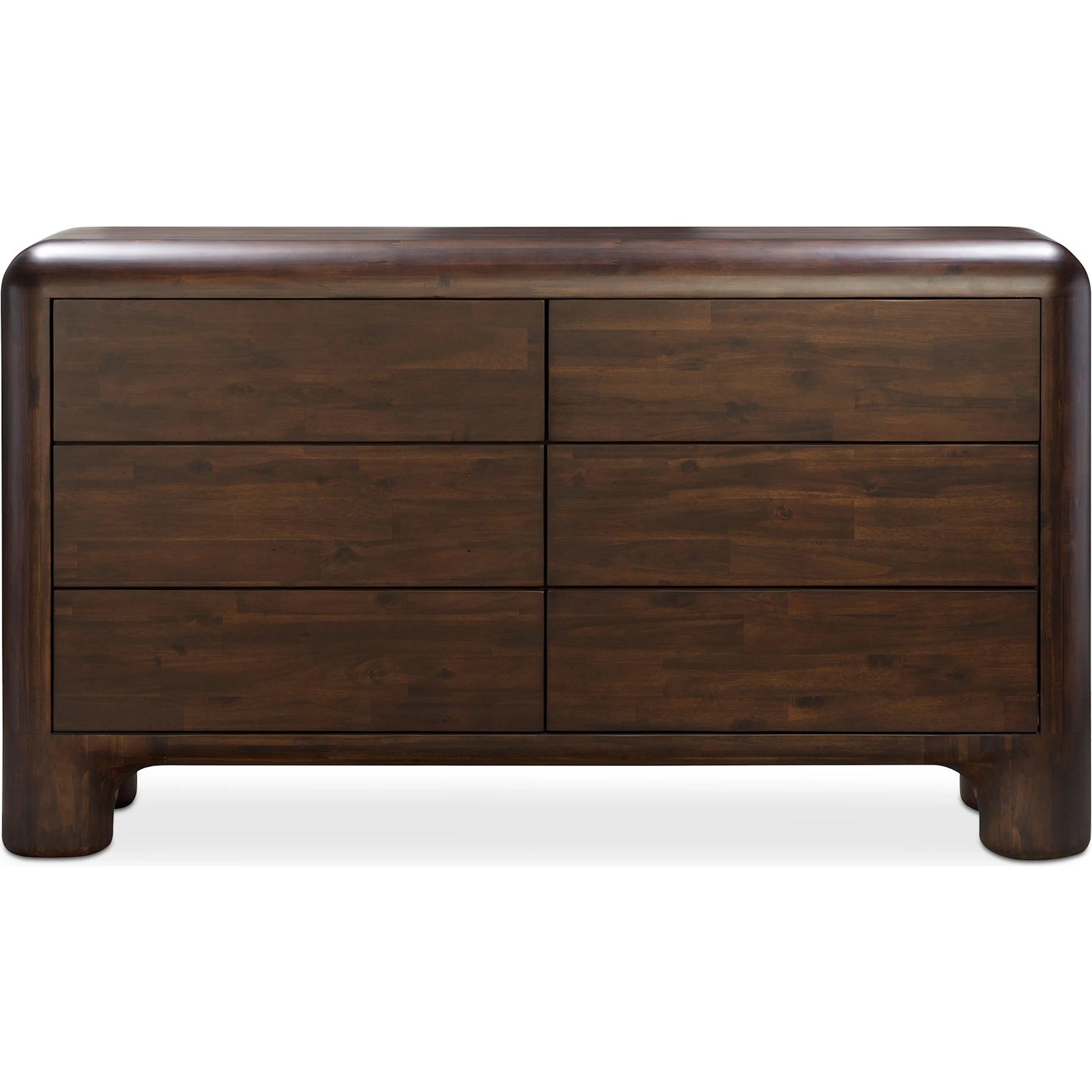 Rowan 6 Drawer Dresser by Moe's Home Collection in walnut. Made from solid acacia, acacia veneer over mdf back, drawer frame in a traditional style.