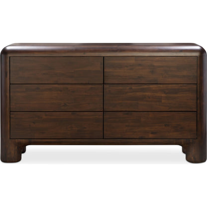 Rowan 6 Drawer Dresser by Moe's Home Collection in walnut. Made from solid acacia, acacia veneer over mdf back, drawer frame in a traditional style.