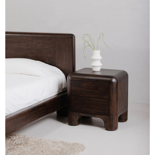 Rowan Nightstand by Moe's Home Collection in walnut. Made from solid acacia, acacia veneer over mdf back, drawer frame in a unique style.