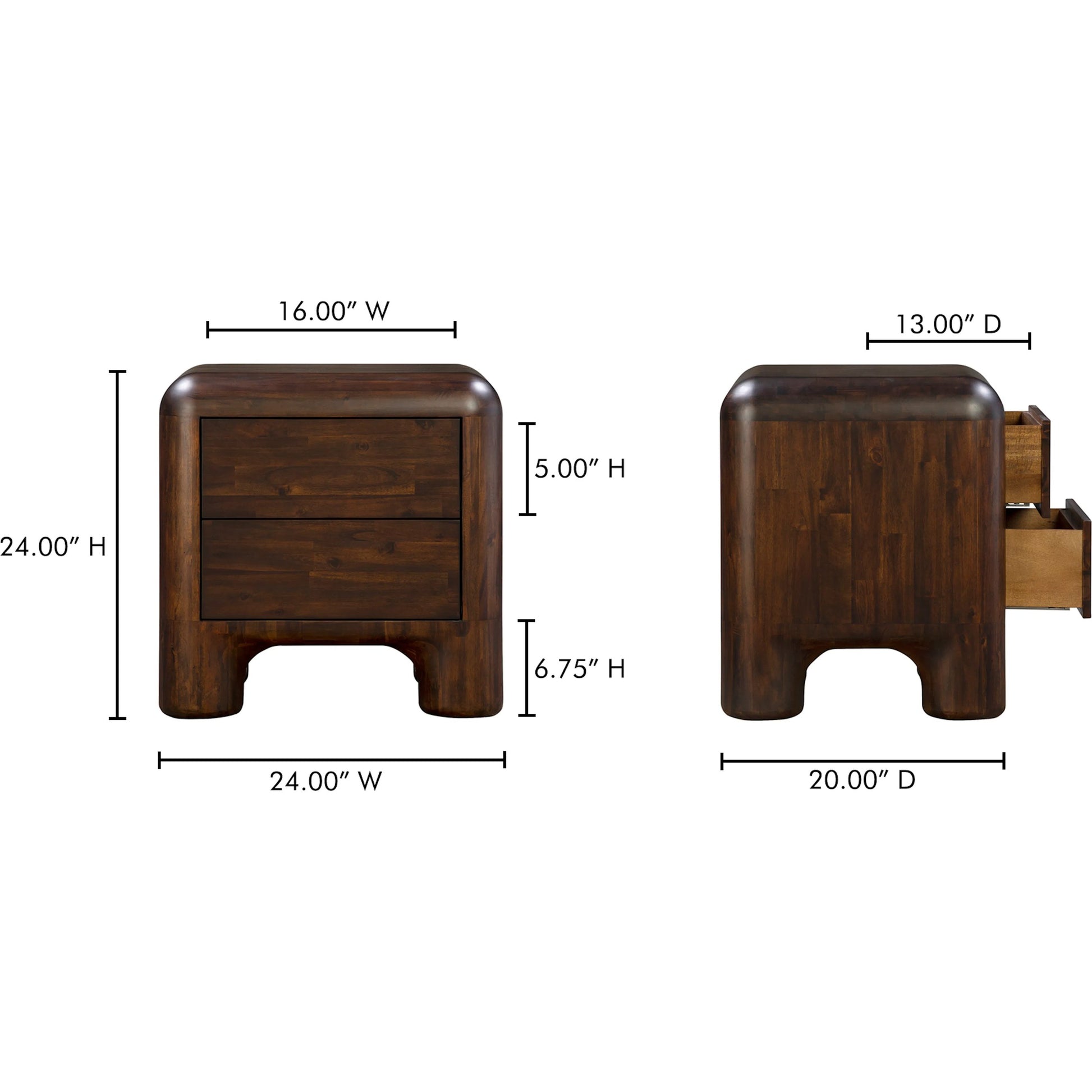 Rowan Nightstand by Moe's Home Collection in walnut. Made from solid acacia, acacia veneer over mdf back, drawer frame in a traditional style.