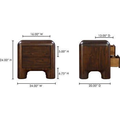 Rowan Nightstand by Moe's Home Collection in walnut. Made from solid acacia, acacia veneer over mdf back, drawer frame in a traditional style.