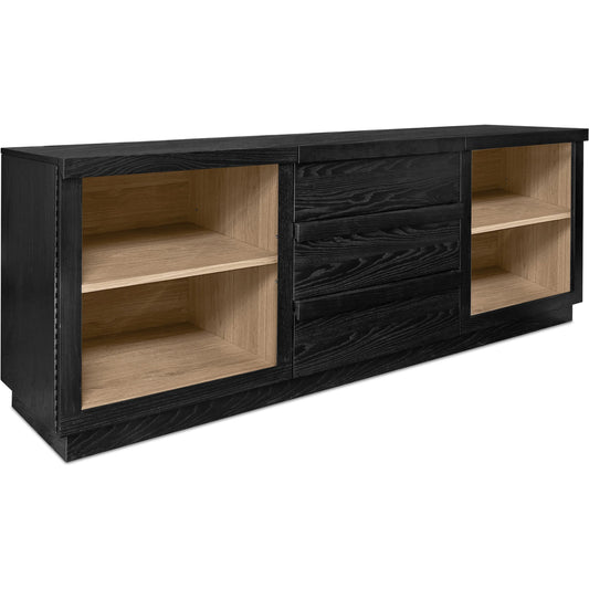 Charlotte Sideboard by Moe's Home Collection in black ash, natural ash, oak. Made from solid ash door frame, drawer handle, ash veneer over mdf body, oak veneer shelf, inner drawer, rubber wood base, 5mm tempered glass in a 