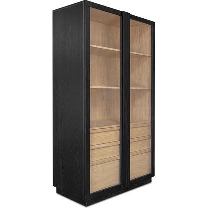 Charlotte Cabinet by Moe's Home Collection in black ash, natural ash, oak. Made from solid ash door frame, drawer handle, ash veneer over mdf body, oak veneer shelf, inner drawer, rubber wood base, 5mm tempered glass in a