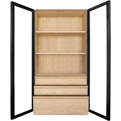 Charlotte Cabinet by Moe's Home Collection in black ash, natural ash, oak. Made from solid ash door frame, drawer handle, ash veneer over mdf body, oak veneer shelf, inner drawer, rubber wood base, 5mm tempered glass in a