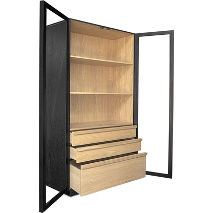 Charlotte Cabinet by Moe's Home Collection in black ash, natural ash, oak. Made from solid ash door frame, drawer handle, ash veneer over mdf body, oak veneer shelf, inner drawer, rubber wood base, 5mm tempered glass in a