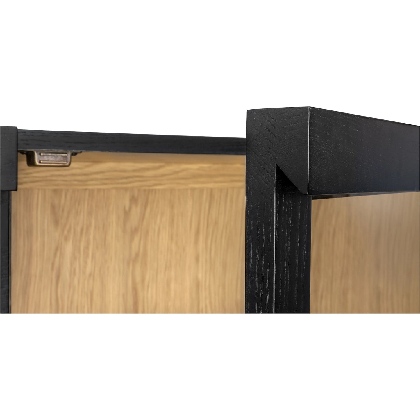 011 SI-2367941 | Closeup | Charlotte Cabinet by Moe's Home Collection in black ash, natural ash, oak. Made from solid ash door frame, drawer handle, ash veneer over mdf body, oak veneer shelf, inner drawer, rubber wood base, 5mm tempered glass in a modern 