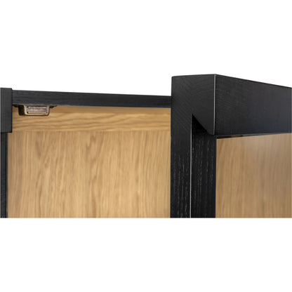 Charlotte Cabinet by Moe's Home Collection in black ash, natural ash, oak. Made from solid ash door frame, drawer handle, ash veneer over mdf body, oak veneer shelf, inner drawer, rubber wood base, 5mm tempered glass in a modern 