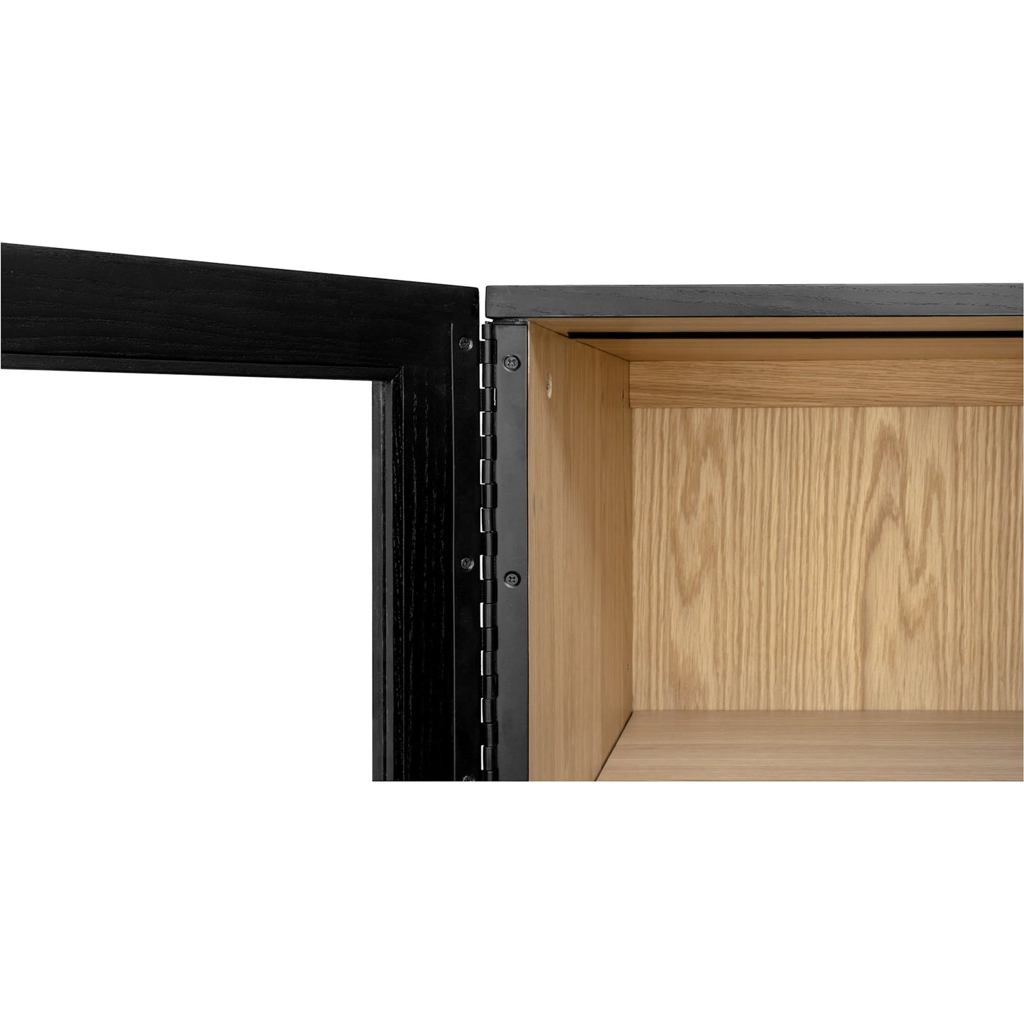 012 SI-2367941 | Closeup | Charlotte Cabinet by Moe's Home Collection in black ash, natural ash, oak. Made from solid ash door frame, drawer handle, ash veneer over mdf body, oak veneer shelf, inner drawer, rubber wood base, 5mm tempered glass in a modern 