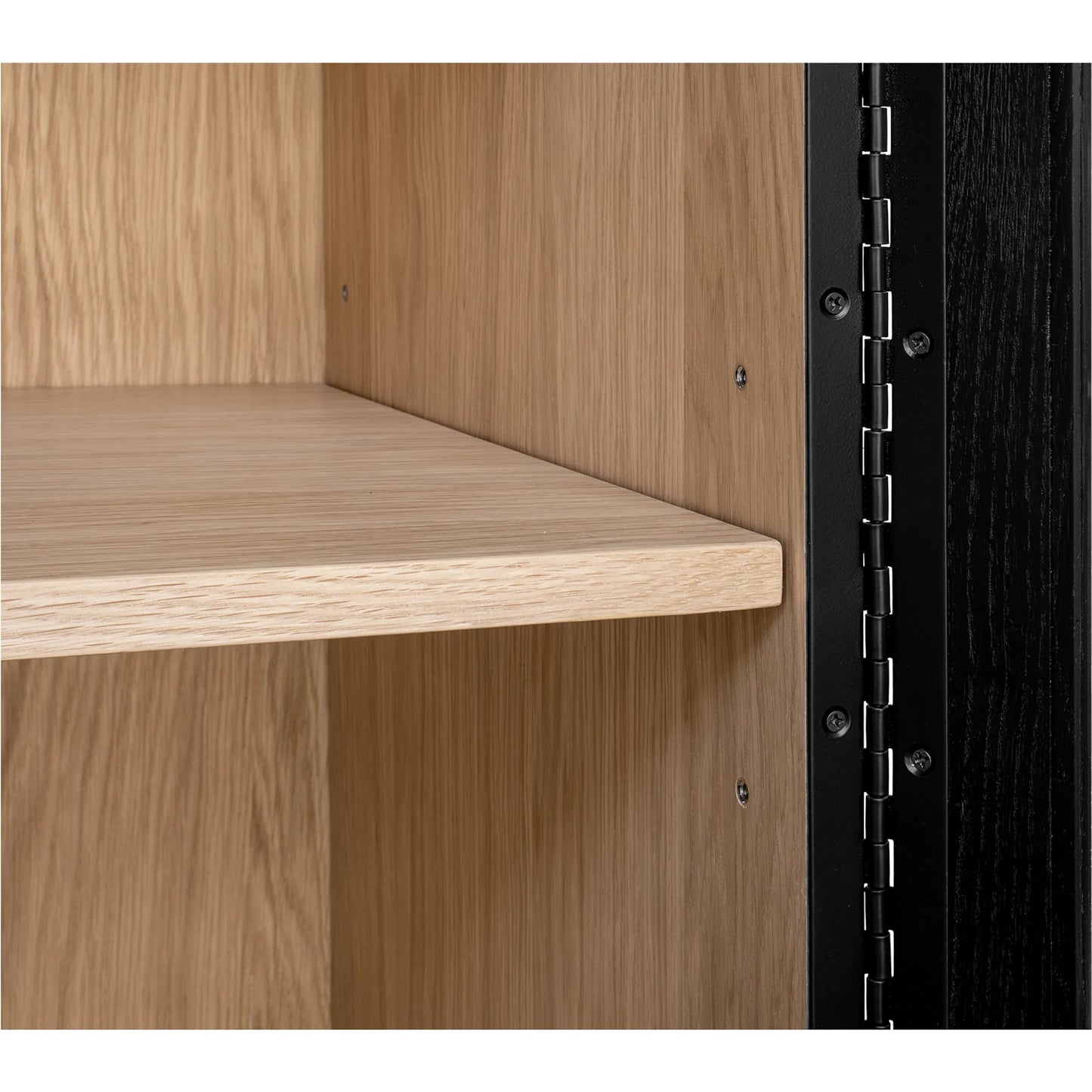 013 SI-2367941 | Closeup | Charlotte Cabinet by Moe's Home Collection in black ash, natural ash, oak. Made from solid ash door frame, drawer handle, ash veneer over mdf body, oak veneer shelf, inner drawer, rubber wood base, 5mm tempered glass in a modern 
