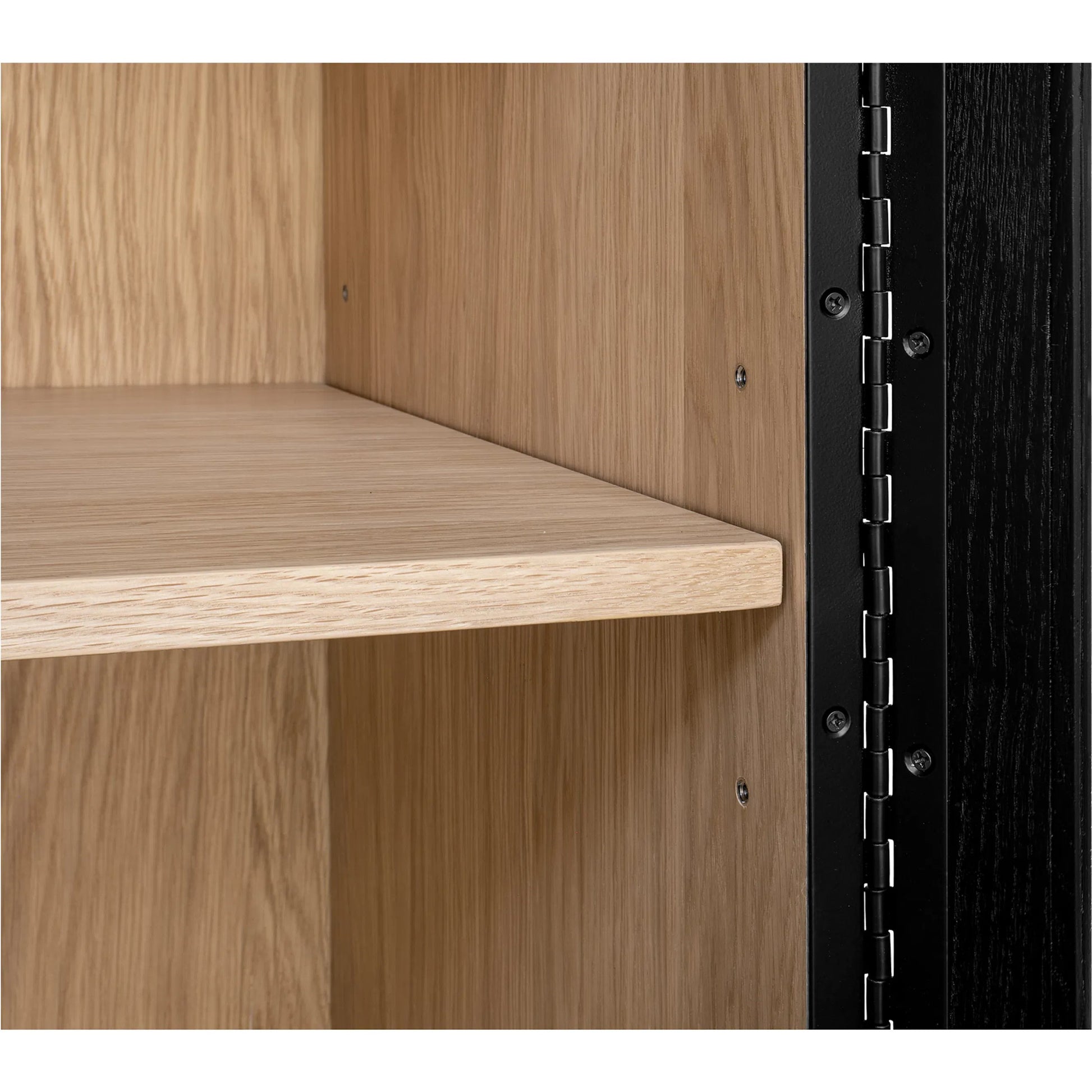 Charlotte Cabinet by Moe's Home Collection in black ash, natural ash, oak. Made from solid ash door frame, drawer handle, ash veneer over mdf body, oak veneer shelf, inner drawer, rubber wood base, 5mm tempered glass in a modern 