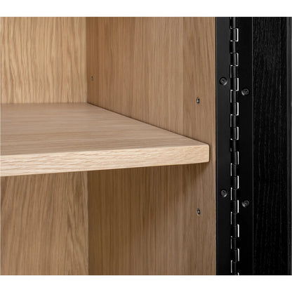 Charlotte Cabinet by Moe's Home Collection in black ash, natural ash, oak. Made from solid ash door frame, drawer handle, ash veneer over mdf body, oak veneer shelf, inner drawer, rubber wood base, 5mm tempered glass in a modern 