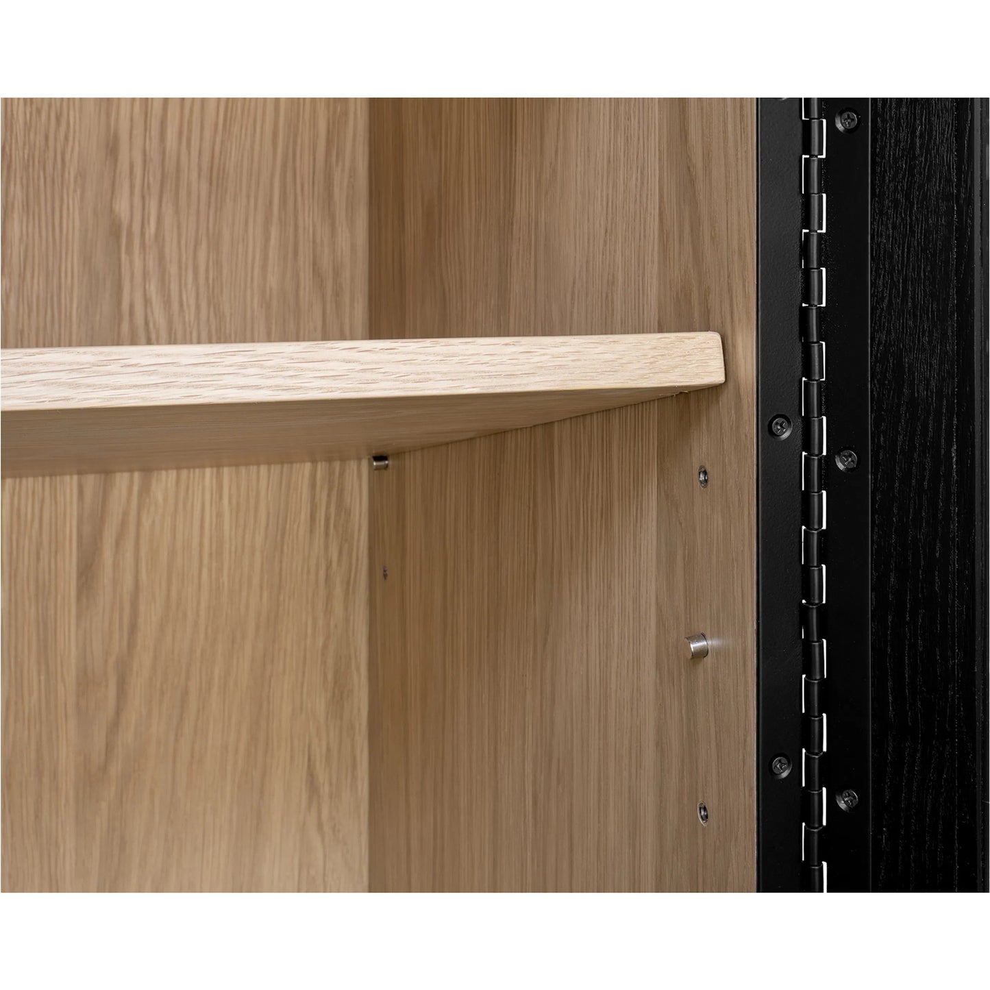 005 SI-2367941 | Closeup | Charlotte Cabinet by Moe's Home Collection in black ash, natural ash, oak. Made from solid ash door frame, drawer handle, ash veneer over mdf body, oak veneer shelf, inner drawer, rubber wood base, 5mm tempered glass in a modern 