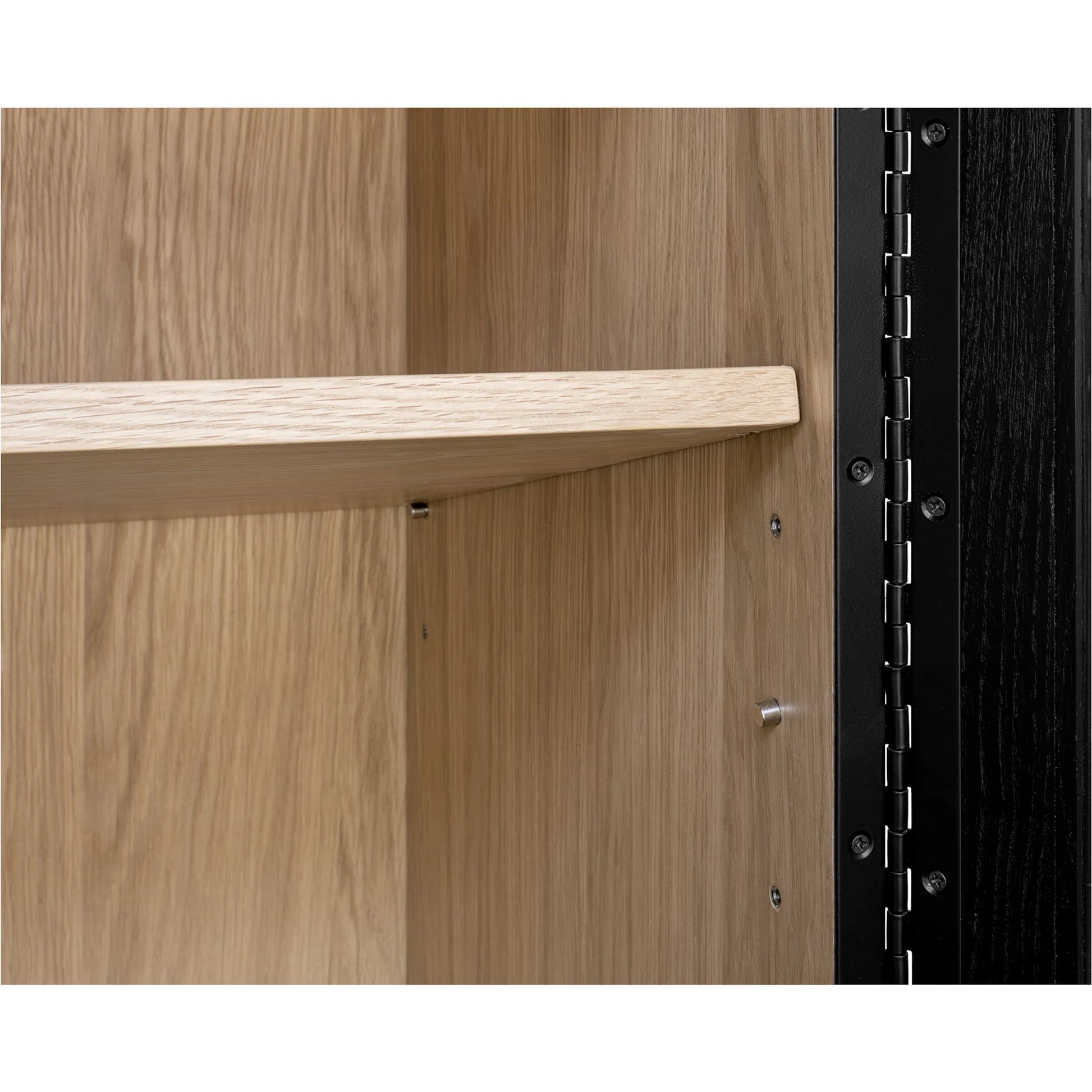 Charlotte Cabinet by Moe's Home Collection in black ash, natural ash, oak. Made from solid ash door frame, drawer handle, ash veneer over mdf body, oak veneer shelf, inner drawer, rubber wood base, 5mm tempered glass in a modern 