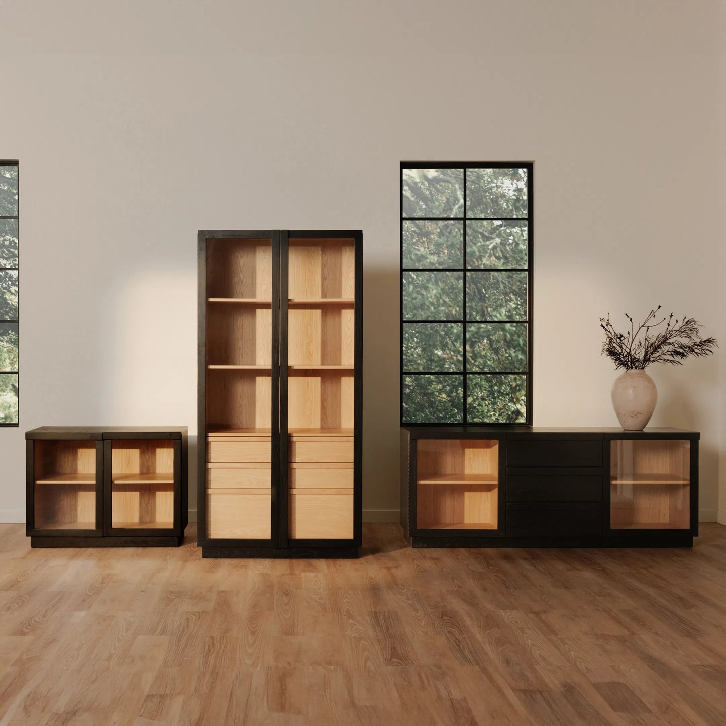 016 SI-2367941 | Lifestyle | Charlotte Cabinet by Moe's Home Collection in black ash, natural ash, oak. Made from solid ash door frame, drawer handle, ash veneer over mdf body, oak veneer shelf, inner drawer, rubber wood base, 5mm tempered glass in a moder