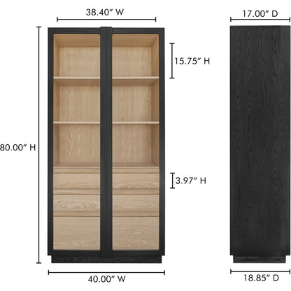 Charlotte Cabinet by Moe's Home Collection in black ash, natural ash, oak. Made from solid ash door frame, drawer handle, ash veneer over mdf body, oak veneer shelf, inner drawer, rubber wood base, 5mm tempered glass in a