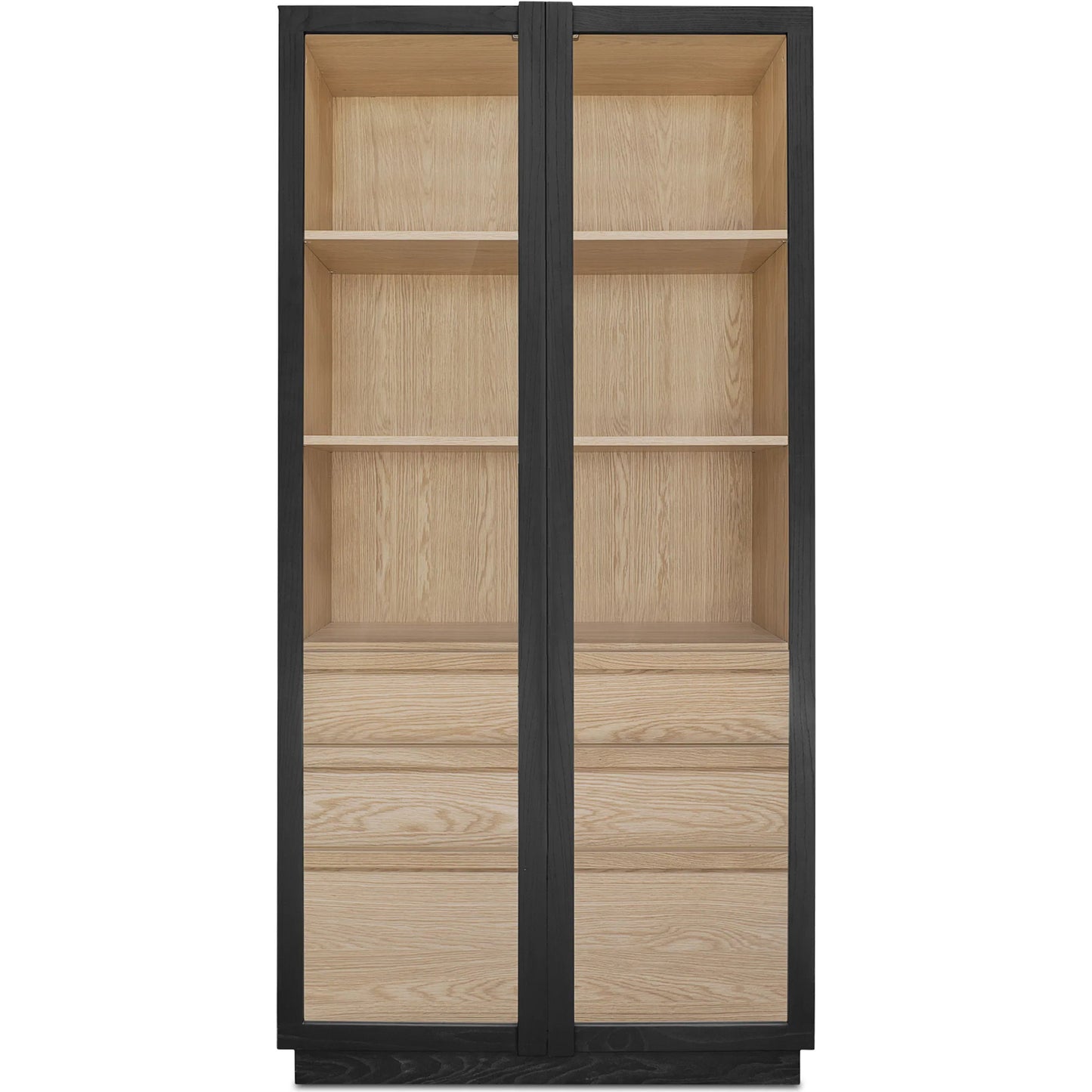 000 SI-2367941 | Primary Silo | Charlotte Cabinet by Moe's Home Collection in black ash, natural ash, oak. Made from solid ash door frame, drawer handle, ash veneer over mdf body, oak veneer shelf, inner drawer, rubber wood base, 5mm tempered glass in a mo
