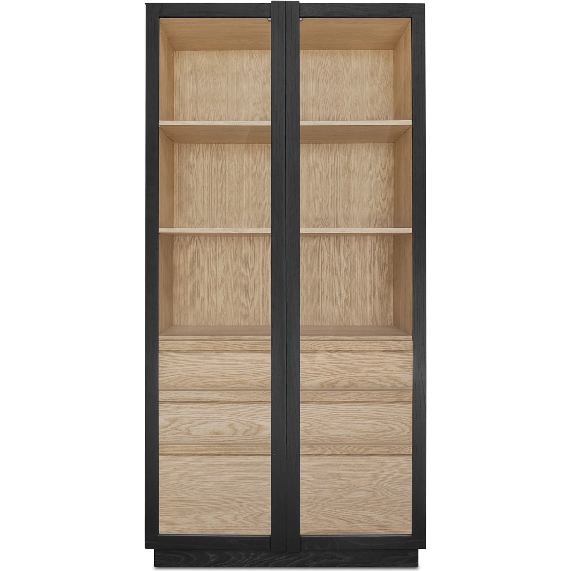 Charlotte Cabinet by Moe's Home Collection in black ash, natural ash, oak. Made from solid ash door frame, drawer handle, ash veneer over mdf body, oak veneer shelf, inner drawer, rubber wood base, 5mm tempered glass in a mo