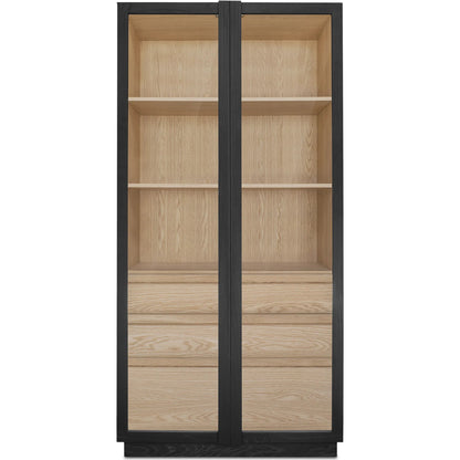 Charlotte Cabinet by Moe's Home Collection in black ash, natural ash, oak. Made from solid ash door frame, drawer handle, ash veneer over mdf body, oak veneer shelf, inner drawer, rubber wood base, 5mm tempered glass in a mo