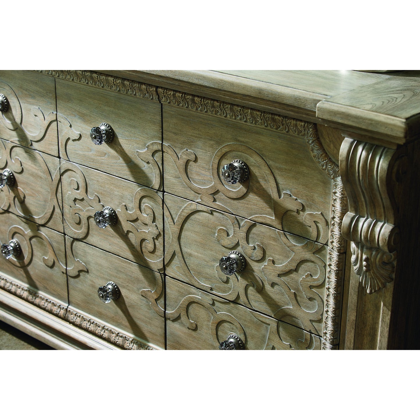 003 SR-881770 | Closeup | Arch Salvage Wren Dresser by A.R.T. Furniture in brown and parch. Made from parrawood solids, cathedral elm veneers in a traditional style.