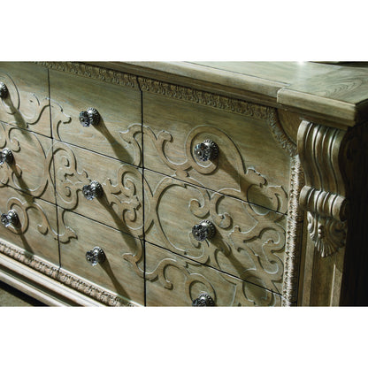 Arch Salvage Wren Dresser by A.R.T. Furniture in brown and parch. Made from parrawood solids, cathedral elm veneers in a traditional style.