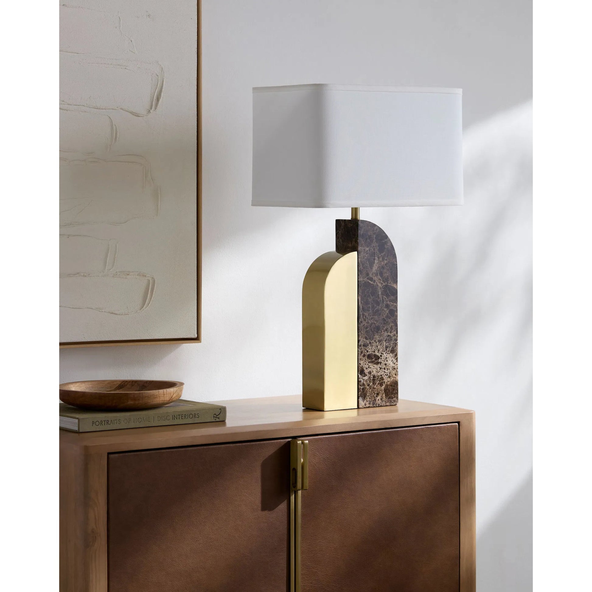 Yuruga Accent Table Lamp by Surya. Made from marble, iron, linen, polyester in a modern style.
