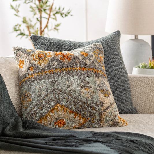 Yuri Pillow - 32300 by Surya in medium gray, sea foam, khaki, light gray, wheat, burnt orange. Made from 100% polyester, 100% linen in a eclectic & global style.