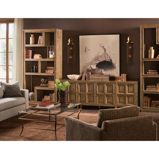 Melange Nikos Credenza by Hooker Furniture in medium wood and rich golden brown, oak veneers, bronze metal. Made from oak solids, oak veneers in a unique style.