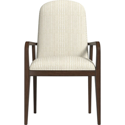 Verge Upholstered Arm Chair by A.R.T. Furniture in beige and handcrated walnut. Made from parawood solids in a traditional style.