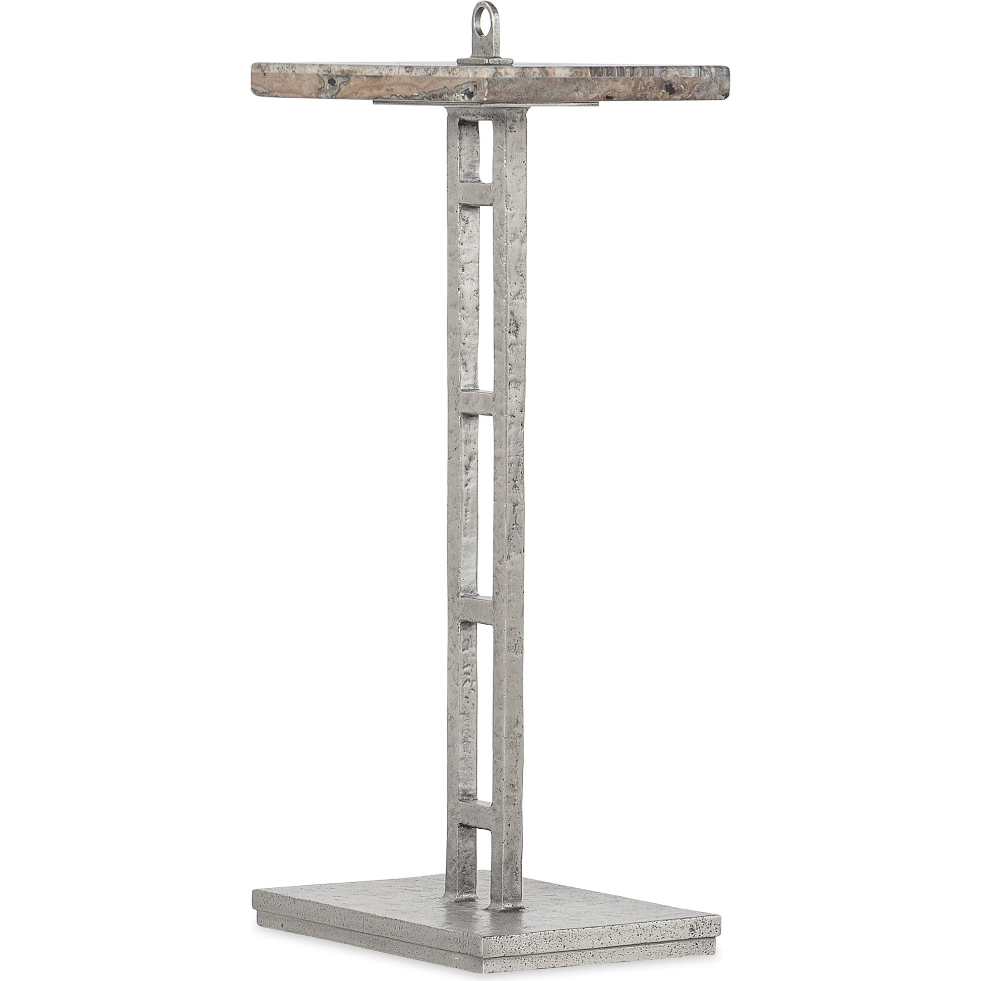Chapman Drink Table by Hooker Furniture in pewter. Made from metal base with honed silver travertine stone top in a modern style.