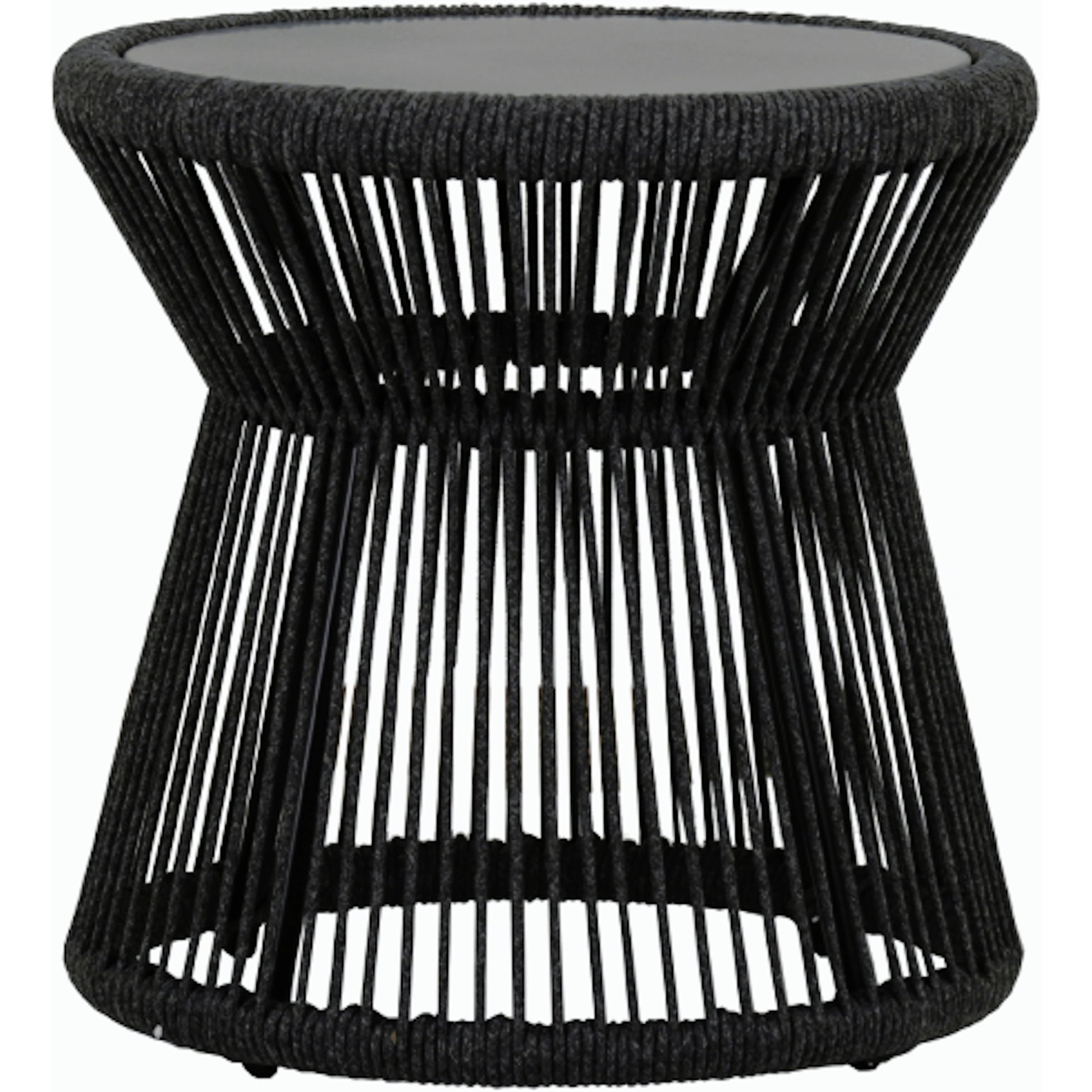 Milano Outdoor End Table by Sunset West in slate. Made from olefin rope in a coastal style.