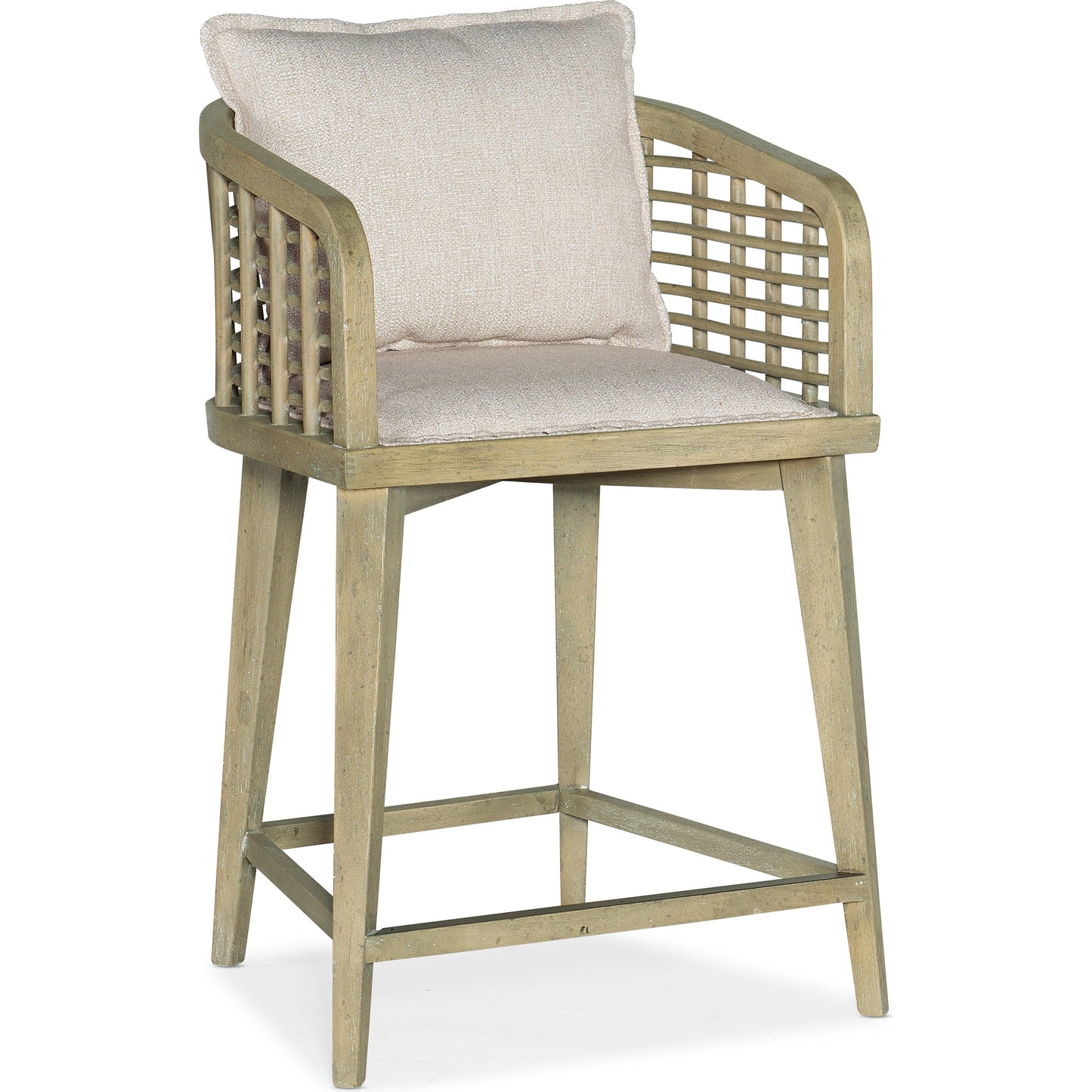 001 SI-1749831 | Primary Silo | Surfrider Barrel Back Counter Stool by Hooker Furniture in beige and driftwood, zuri cream. Made from fabric, rattan, nailheads, copper sheet in a coastal style.