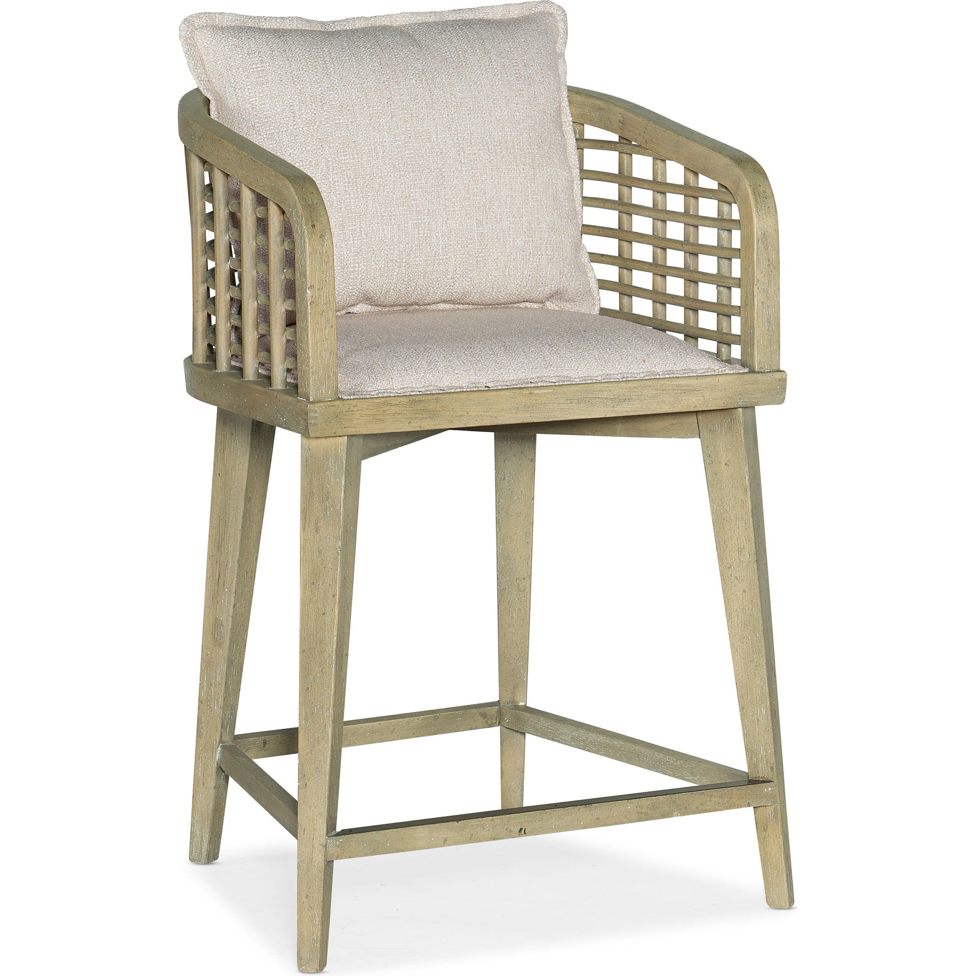 Surfrider Barrel Back Counter Stool by Hooker Furniture in beige and driftwood, zuri cream. Made from fabric, rattan, nailheads, copper sheet in a coastal style.