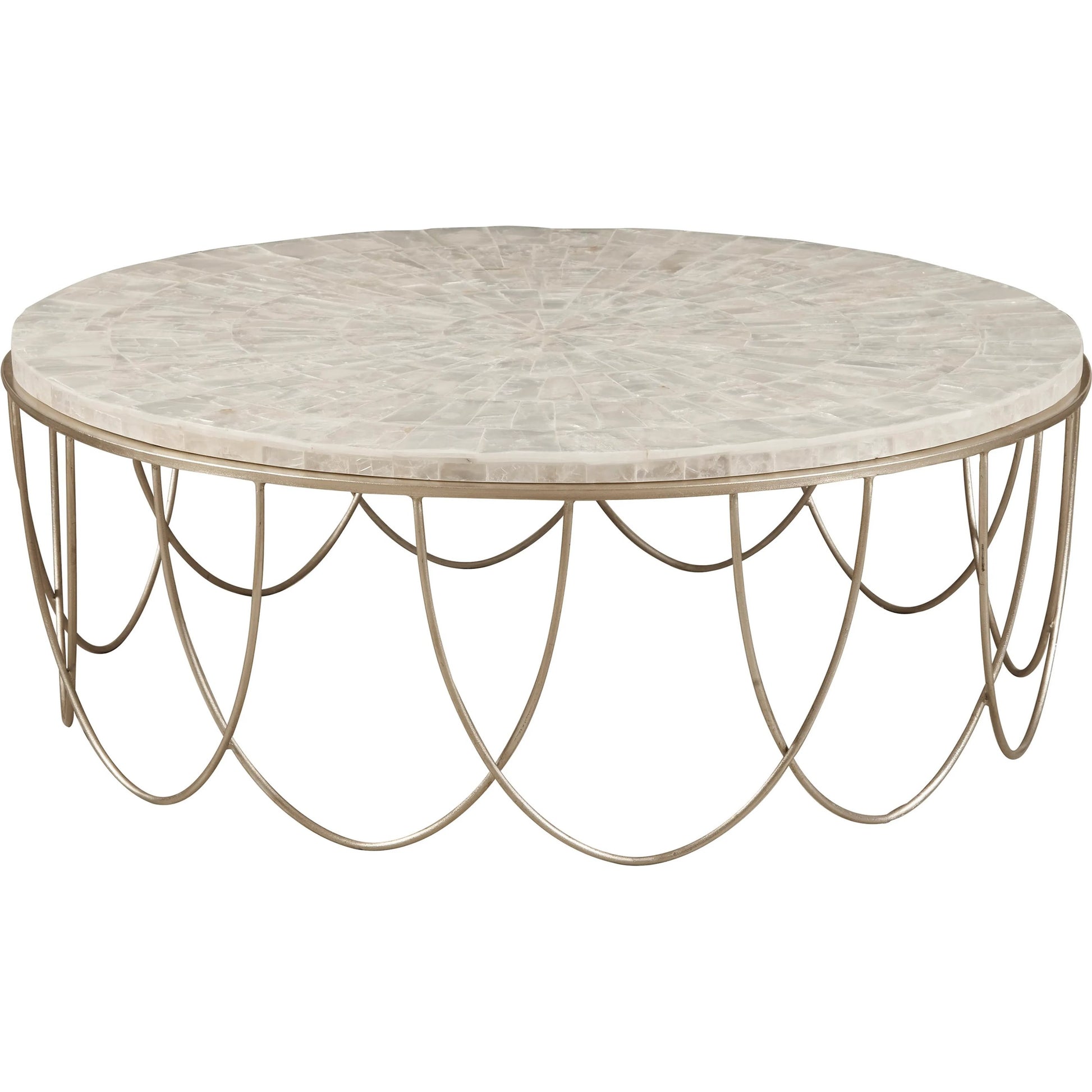 Round Stone Top Cocktail Table with Decorative Metal Base by Pulaski Furniture in gold. Made from stone in a modern style.