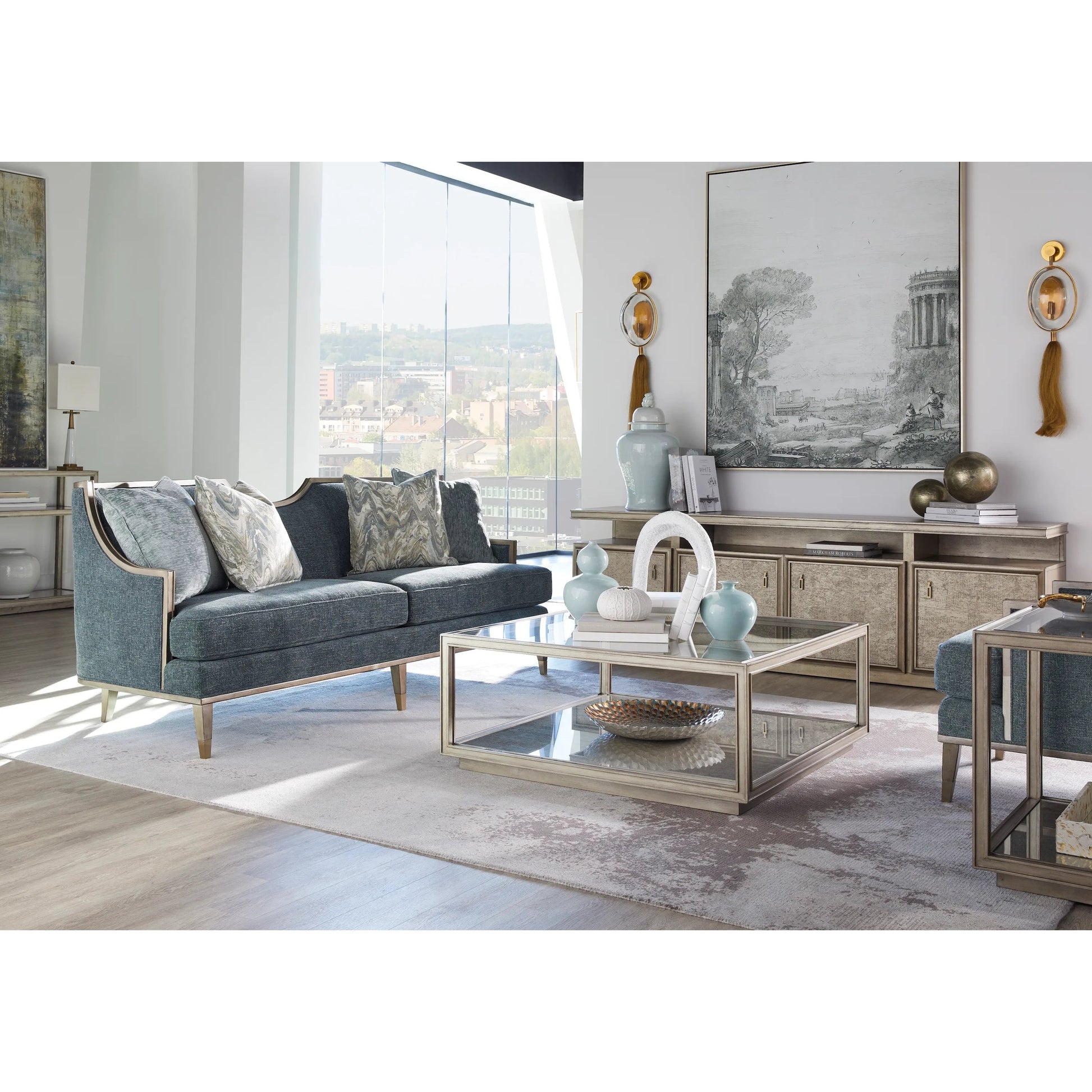 Harper Chair by A.R.T. Furniture in blue and mica, lichen. Made from rubberwood solids, foam, fabric, metal in a traditional style.