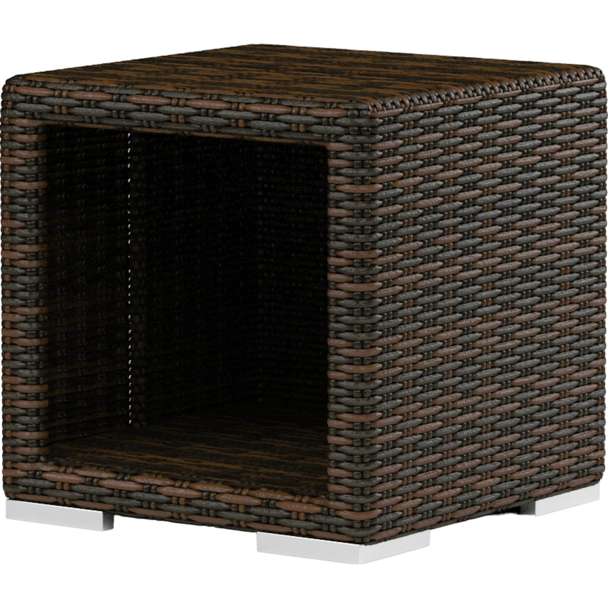 Montecito Outdoor End Table by Sunset West in cognac. Made from resin wicker in a modern style.