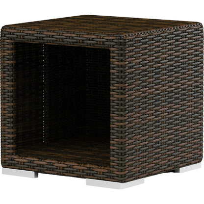 Montecito Outdoor End Table by Sunset West in cognac. Made from resin wicker in a modern style.