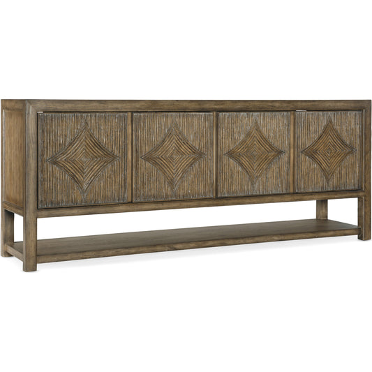 Sundance Entertainment Console by Hooker Furniture in cliffside. Made from pecan veneers, resin, solid-wood edge top in a traditional style.