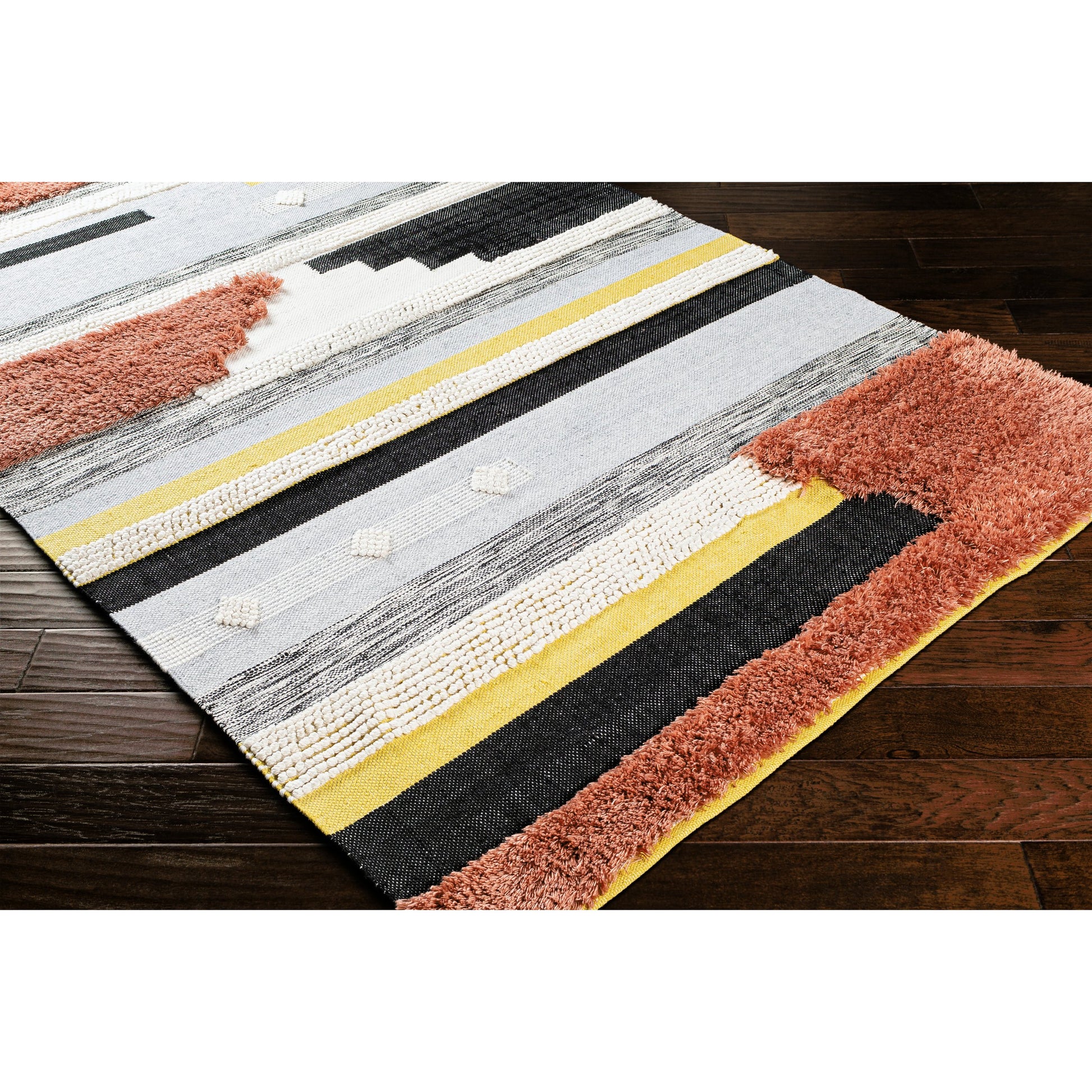 Yuva YUV-2300 Indoor/Outdoor Rug by Surya in rust, mustard, black, medium gray, cream. Made from 100% recycled pet yarn in a unique style.