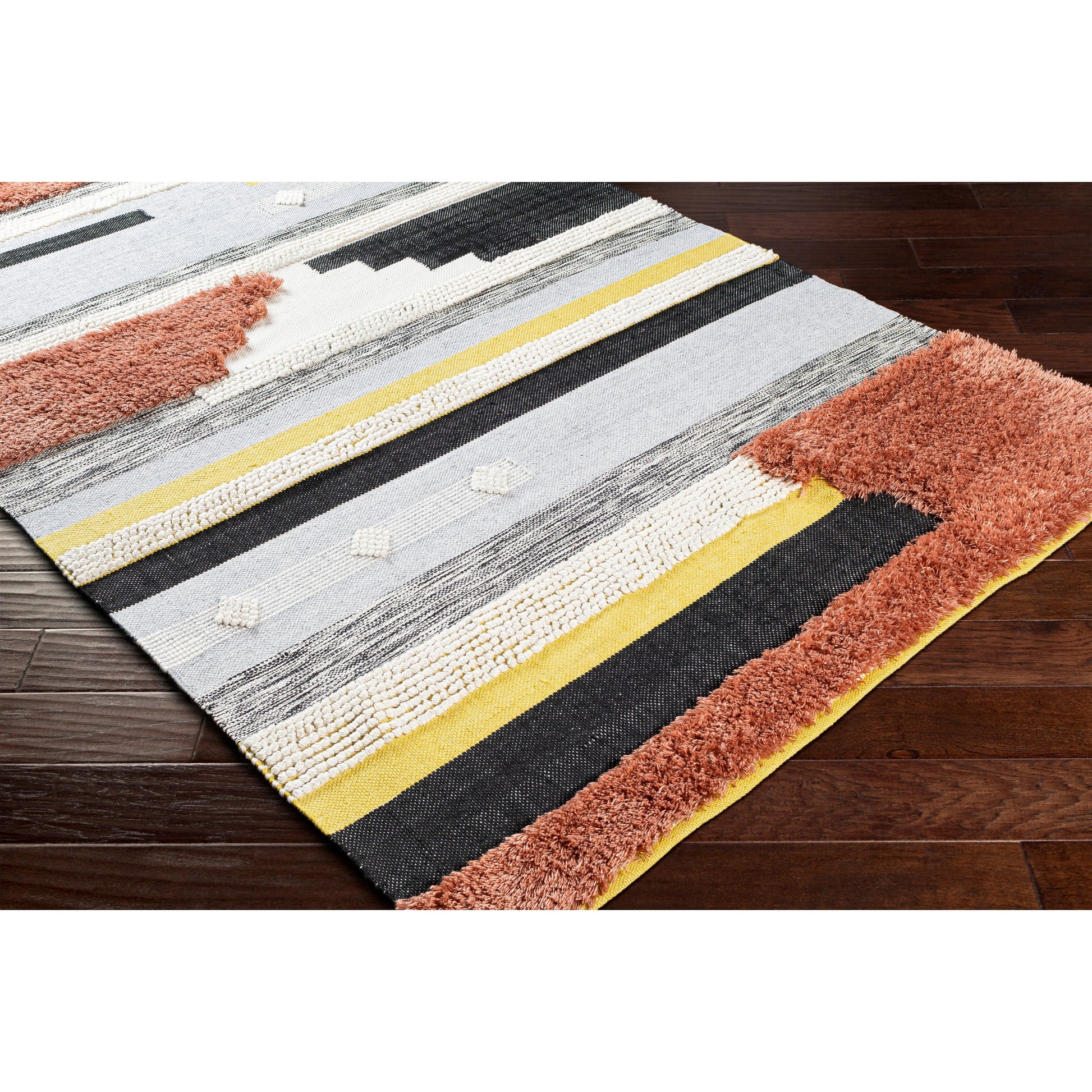 Yuva YUV-2300 Indoor/Outdoor Rug by Surya in rust, mustard, black, medium gray, cream. Made from 100% recycled pet yarn in a unique style.