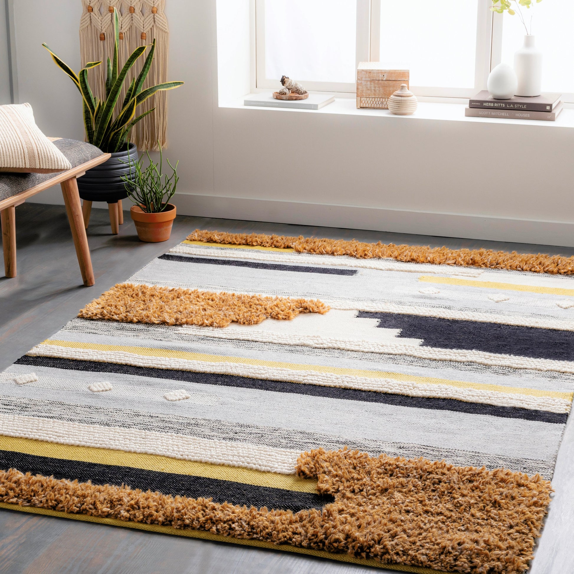 Yuva YUV-2300 Indoor/Outdoor Rug by Surya in rust, mustard, black, medium gray, cream. Made from 100% recycled pet yarn in a unique style.