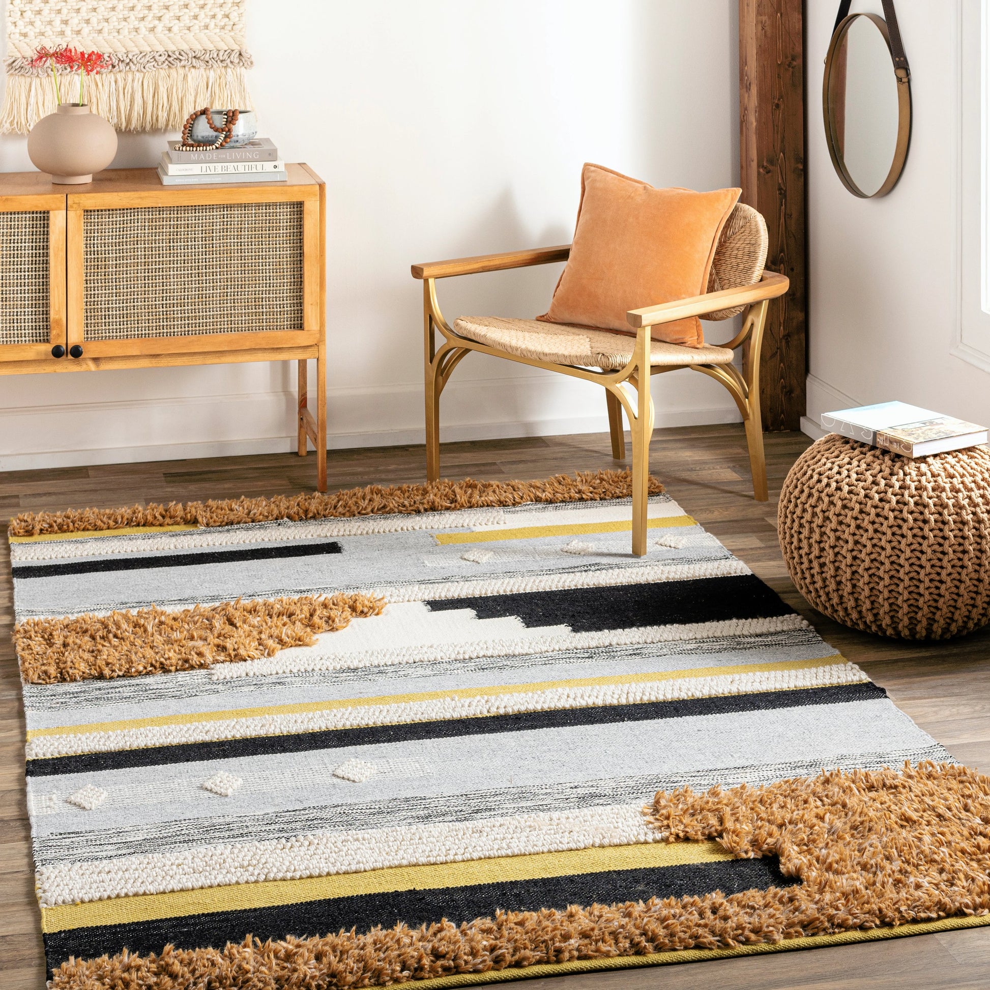 Yuva YUV-2300 Indoor/Outdoor Rug by Surya in rust, mustard, black, medium gray, cream. Made from 100% recycled pet yarn in a unique style.