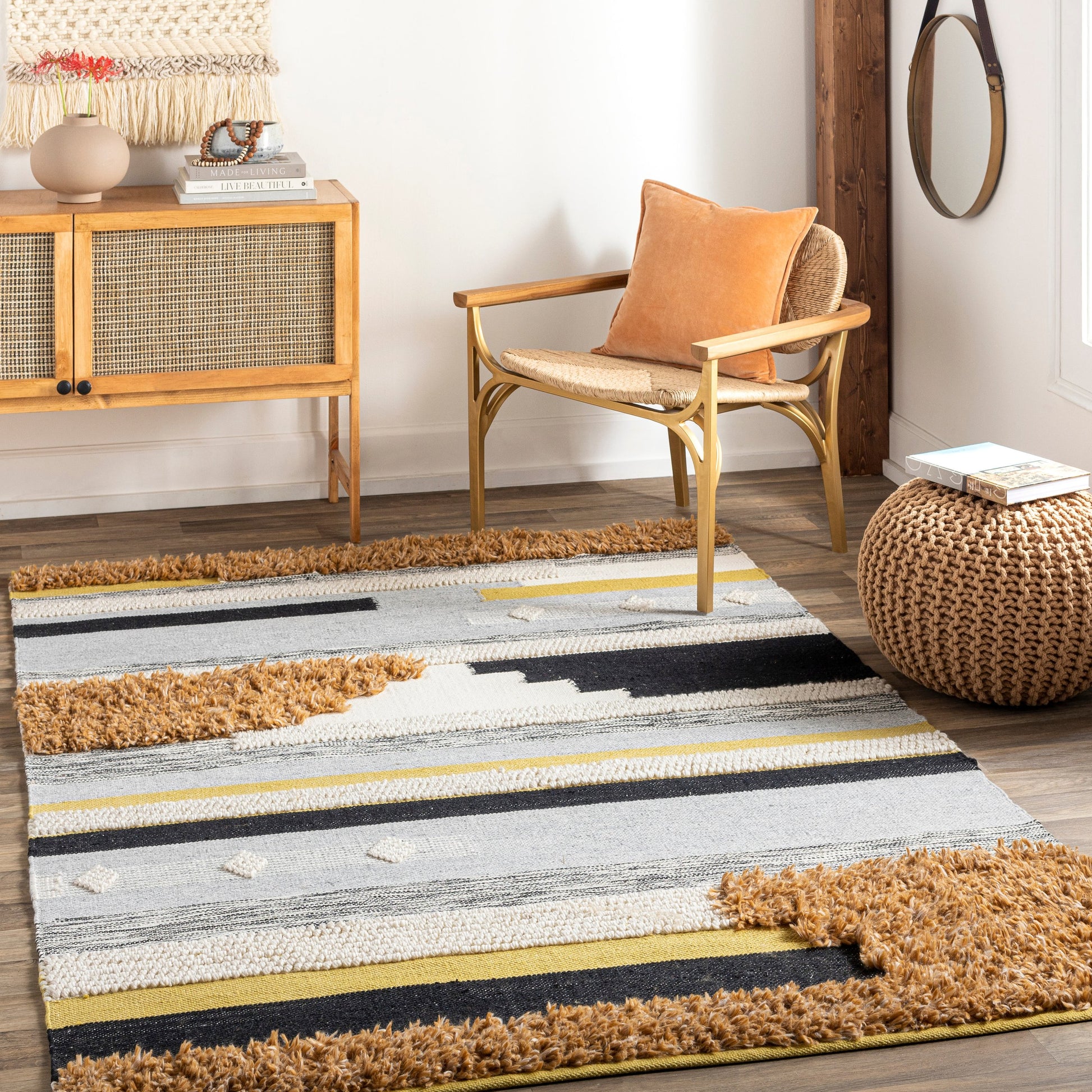 Yuva YUV-2300 Indoor/Outdoor Rug by Surya in rust, mustard, black, medium gray, cream. Made from 100% recycled pet yarn in a unique style.